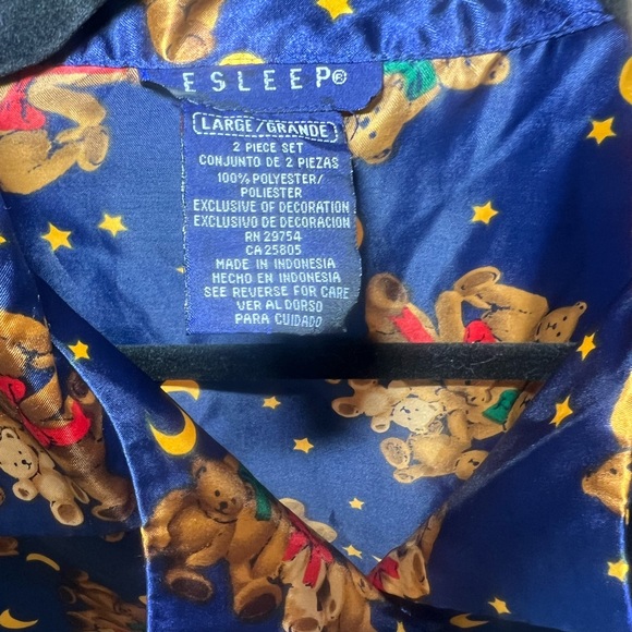 Vintage Women’s Esleep Large Navy Button Up Top With Teddy Bears Satin Sleepwear - Picture 3 of 11